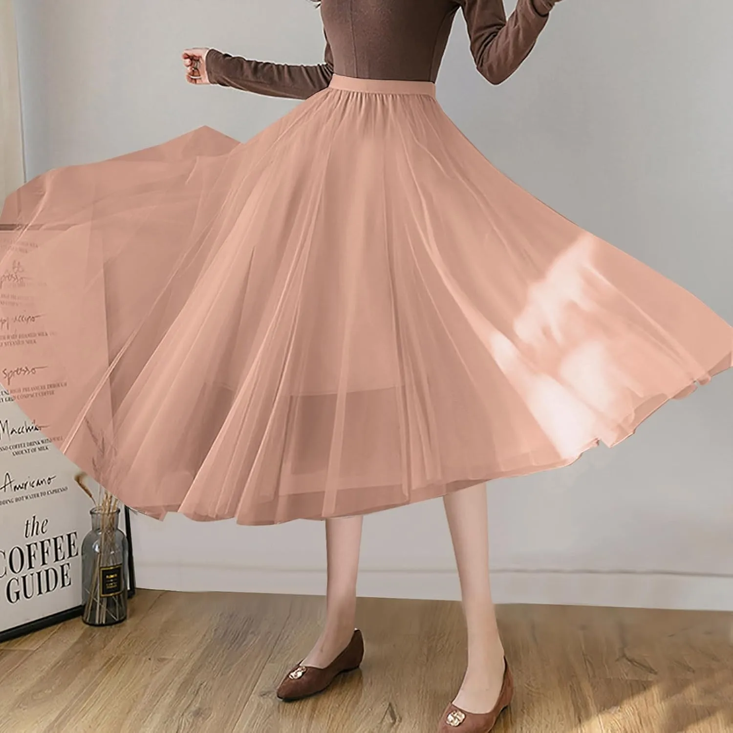 Women Flowy Tulle Swing Skirt, Elastic High Waist Tummy Control Casual A-Line Skirts Streetwear Trendy Midi Clothes
