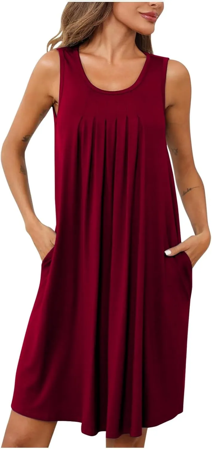 Women's 2024 Summer Casual Loose Beach Sleeveless Midi Sundress with Pockets Swing Solid Ruffle A-Line Dresses