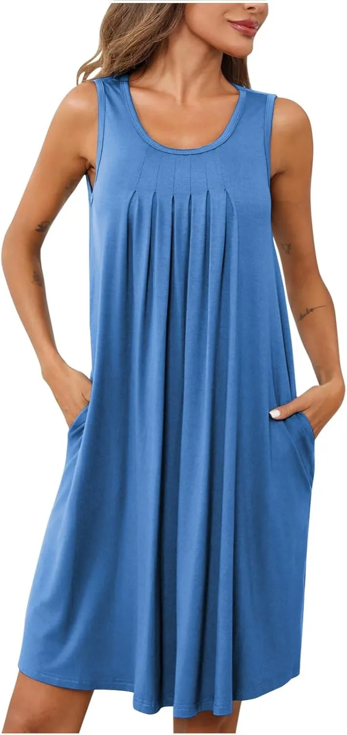 Women's 2024 Summer Casual Loose Beach Sleeveless Midi Sundress with Pockets Swing Solid Ruffle A-Line Dresses