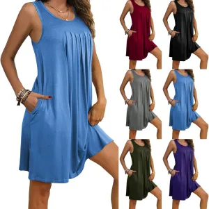 Women's 2024 Summer Casual Loose Beach Sleeveless Midi Sundress with Pockets Swing Solid Ruffle A-Line Dresses