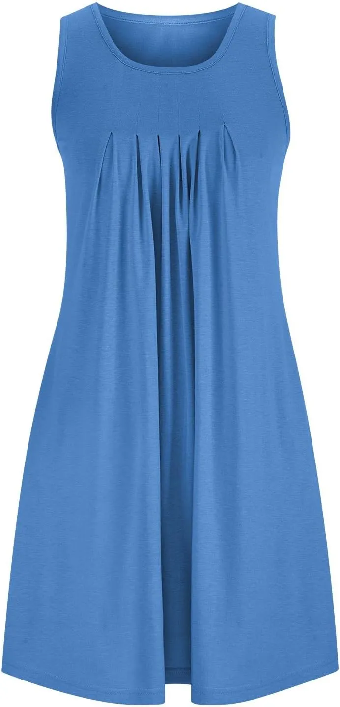 Women's 2024 Summer Casual Loose Beach Sleeveless Midi Sundress with Pockets Swing Solid Ruffle A-Line Dresses