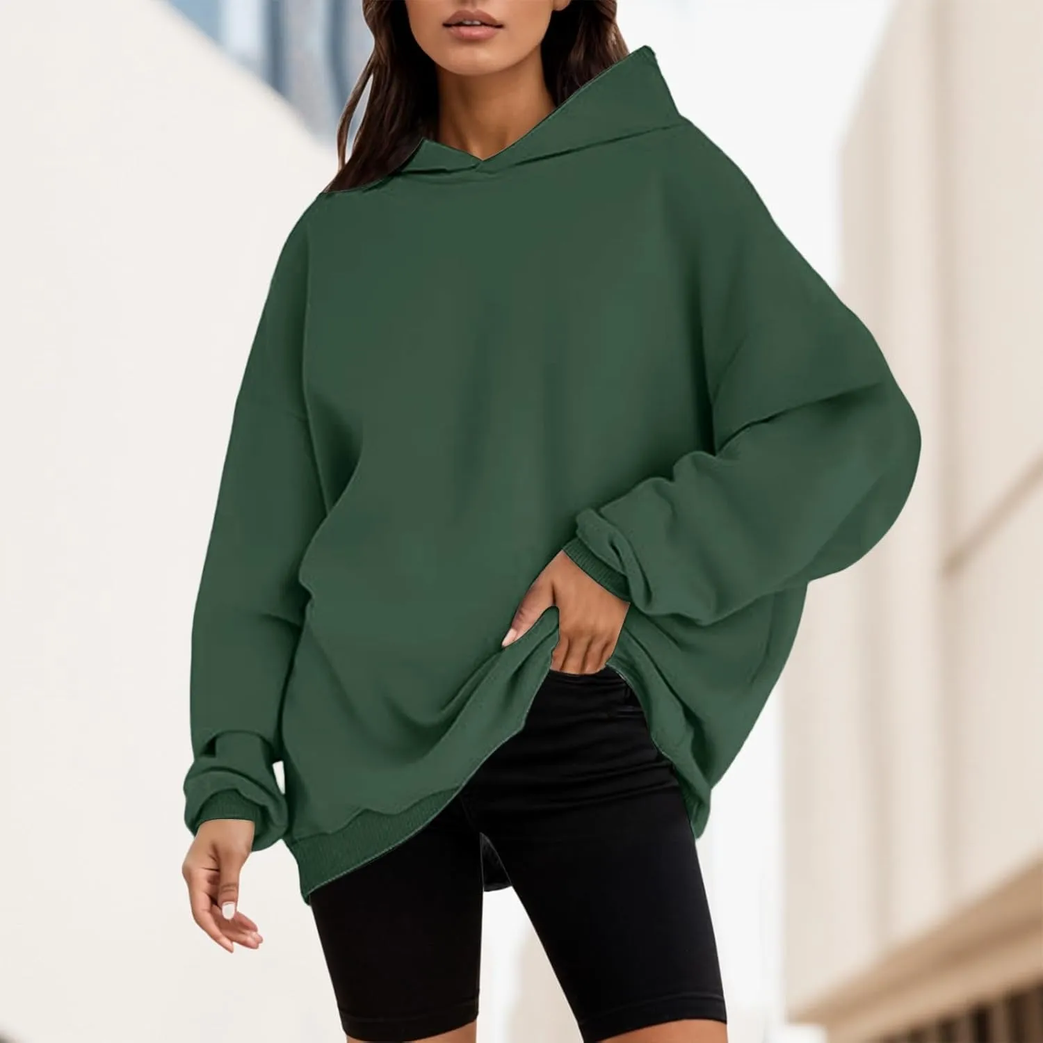 Women's Casual Hoodies Long Sleeve Oversized Sweatshirts Solid Color Fall Fashion Pullover Tops Outfit Winter Clothes