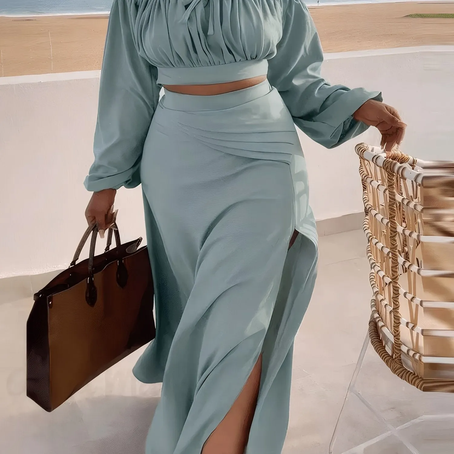 Women's Elegant Polyester Blouse And Skirt Set, Long Sleeve, V-Neck, Zipper Front, All-Season, Polyester And Elastane Blend, Knit Fabric, Casual And Chic