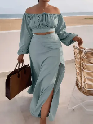 Women's Elegant Polyester Blouse And Skirt Set, Long Sleeve, V-Neck, Zipper Front, All-Season, Polyester And Elastane Blend, Knit Fabric, Casual And Chic