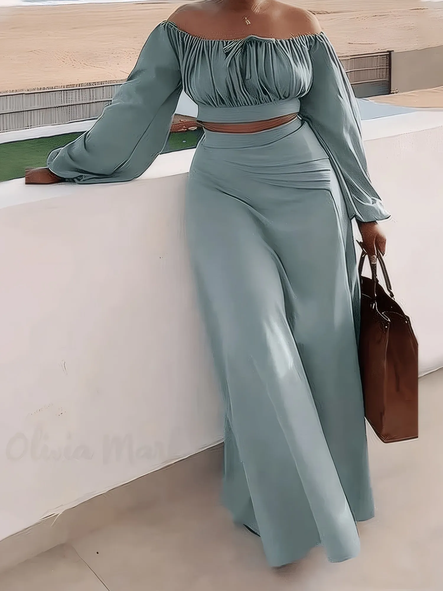 Women's Elegant Polyester Blouse And Skirt Set, Long Sleeve, V-Neck, Zipper Front, All-Season, Polyester And Elastane Blend, Knit Fabric, Casual And Chic