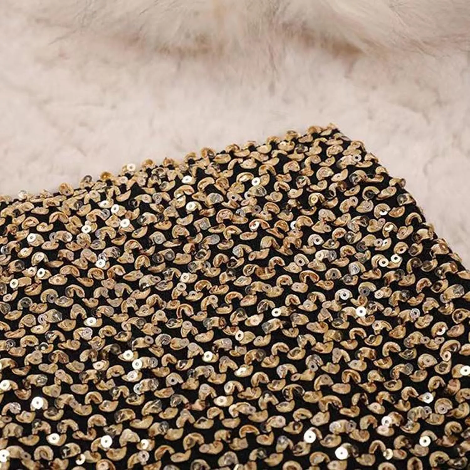 Women's Faux Fur Hem Sequin Pencil Skirt Winter High Waist Bodycon Mini Skirts Sexy Glitter Cocktail Party Skirt