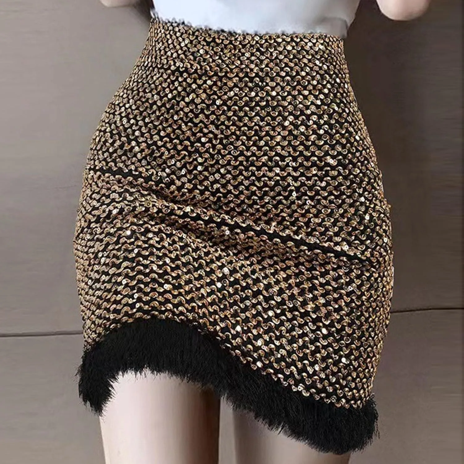 Women's Faux Fur Hem Sequin Pencil Skirt Winter High Waist Bodycon Mini Skirts Sexy Glitter Cocktail Party Skirt