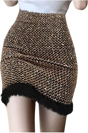 Women's Faux Fur Hem Sequin Pencil Skirt Winter High Waist Bodycon Mini Skirts Sexy Glitter Cocktail Party Skirt