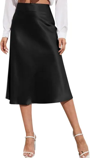 Womens High Waist Midi Skirt Casual Solid Versatile Satin Dress Fashion Elegant Knee Length Skirt Prom Party Skirts