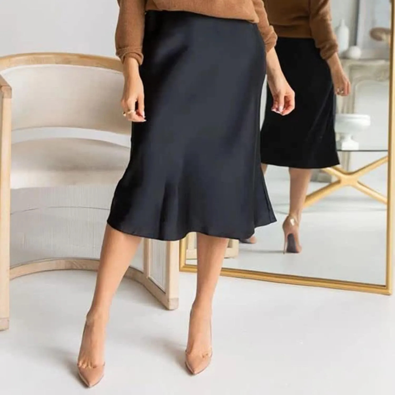 Womens High Waist Midi Skirt Casual Solid Versatile Satin Dress Fashion Elegant Knee Length Skirt Prom Party Skirts