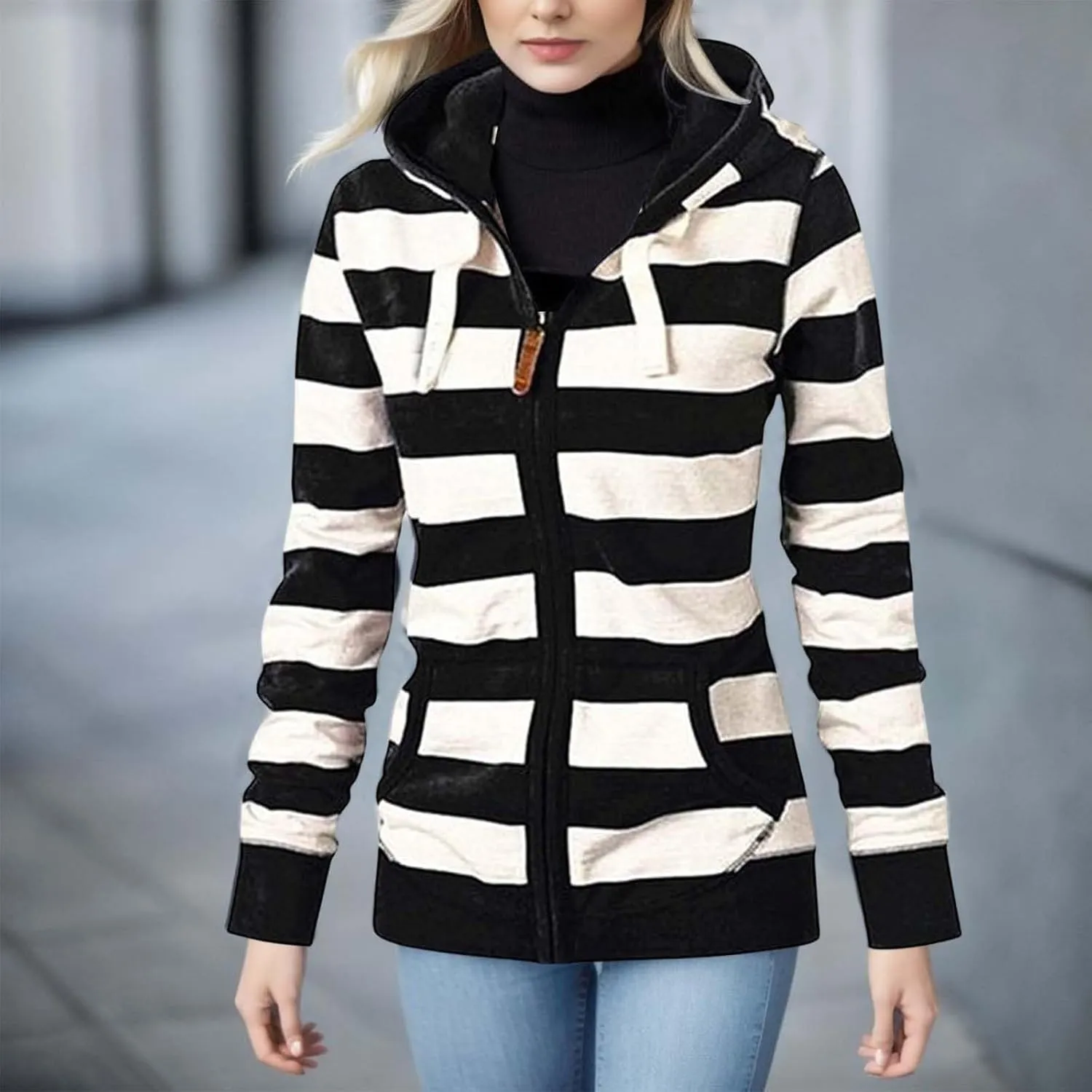 Womens Hooded Sweatshirts Color Block Full Zip Up Jackets Long Sleeve Striped Coats Drawstring Outwear with Pockets