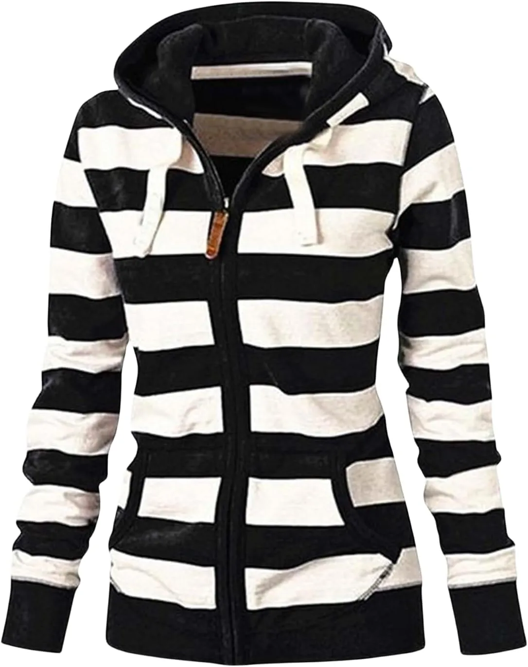 Womens Hooded Sweatshirts Color Block Full Zip Up Jackets Long Sleeve Striped Coats Drawstring Outwear with Pockets