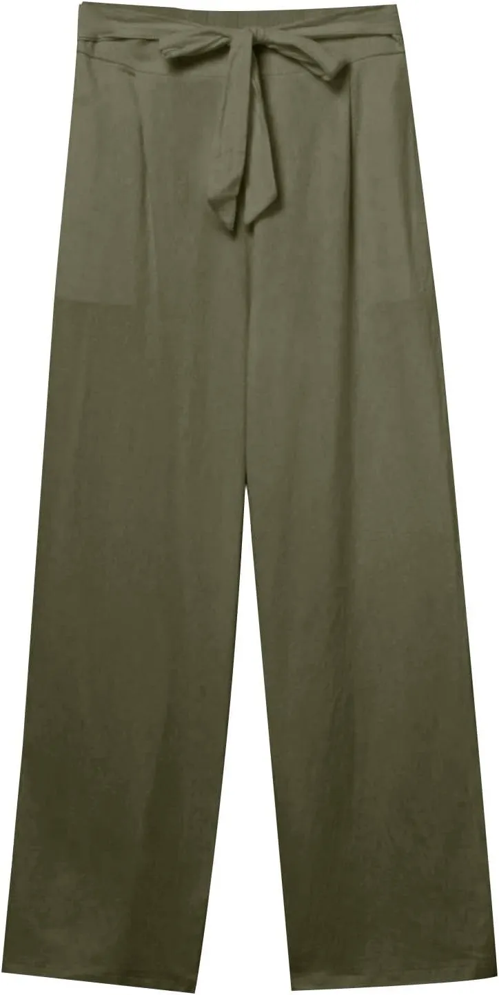 Womens Linen Cotton Pants Casual Straight Leg Work Pants with Pockets 2025 Summer Trendy Dressy Pants Tie Front Pants