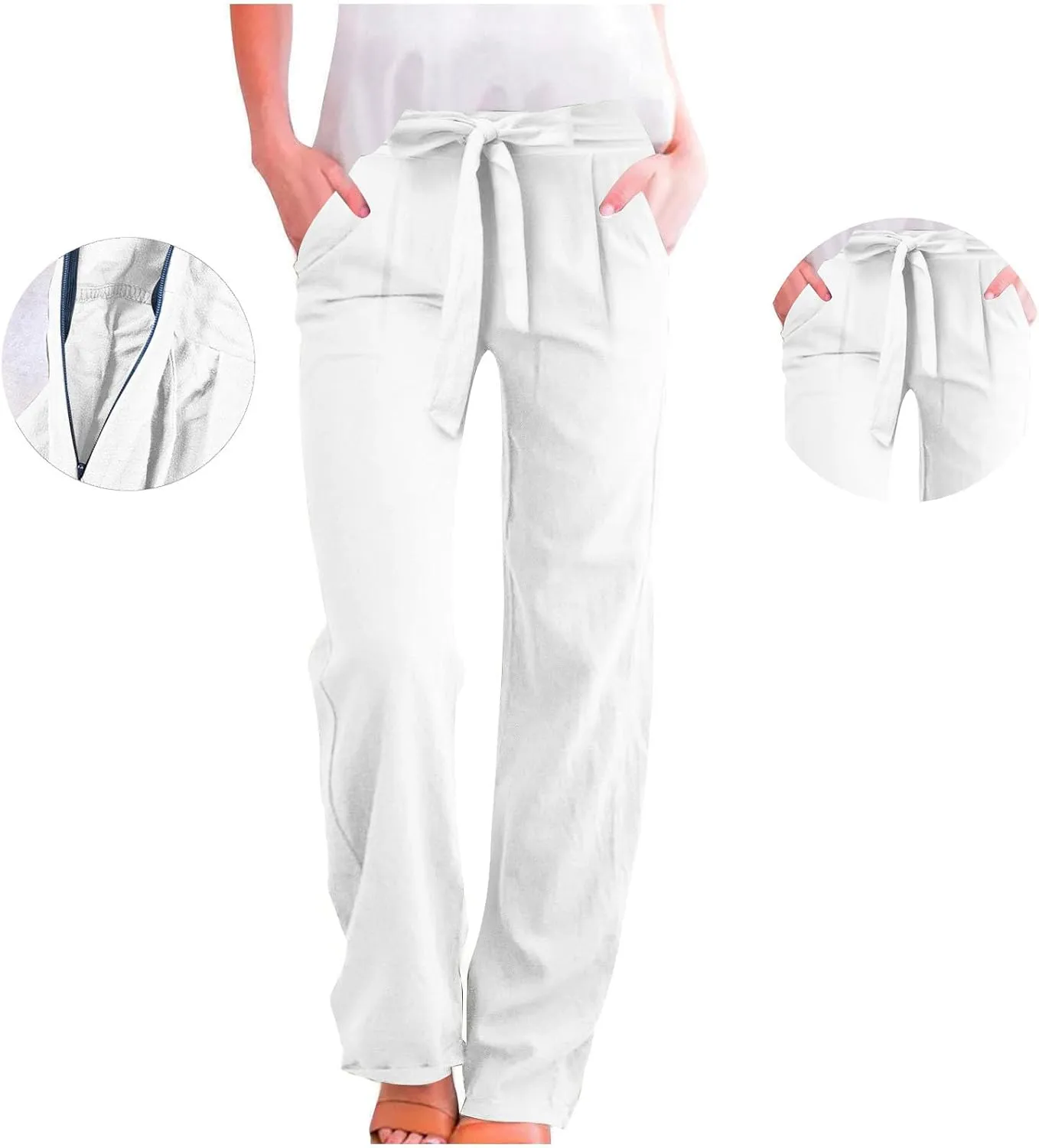 Womens Linen Cotton Pants Casual Straight Leg Work Pants with Pockets 2025 Summer Trendy Dressy Pants Tie Front Pants