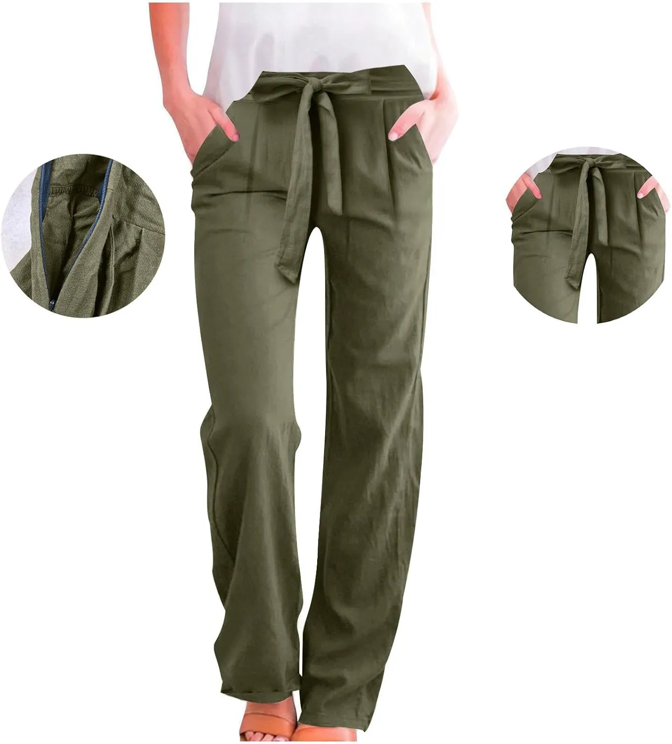 Womens Linen Cotton Pants Casual Straight Leg Work Pants with Pockets 2025 Summer Trendy Dressy Pants Tie Front Pants