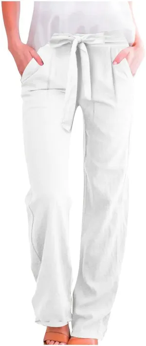 Womens Linen Cotton Pants Casual Straight Leg Work Pants with Pockets 2025 Summer Trendy Dressy Pants Tie Front Pants