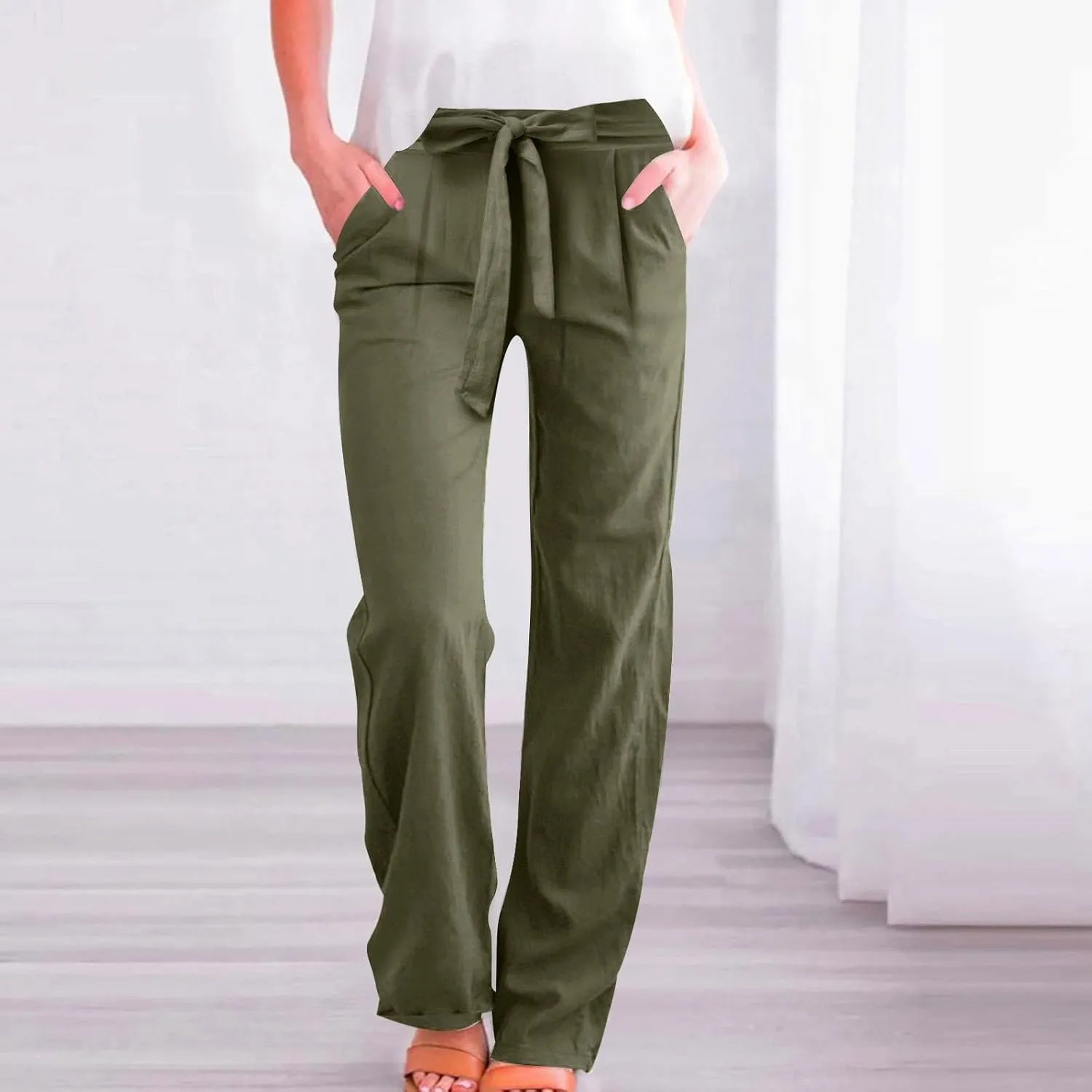 Womens Linen Cotton Pants Casual Straight Leg Work Pants with Pockets 2025 Summer Trendy Dressy Pants Tie Front Pants