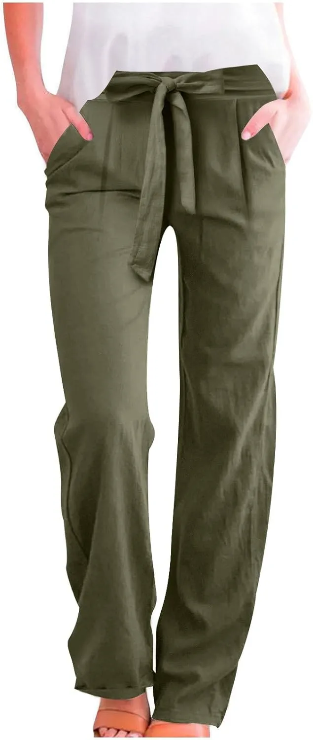 Womens Linen Cotton Pants Casual Straight Leg Work Pants with Pockets 2025 Summer Trendy Dressy Pants Tie Front Pants