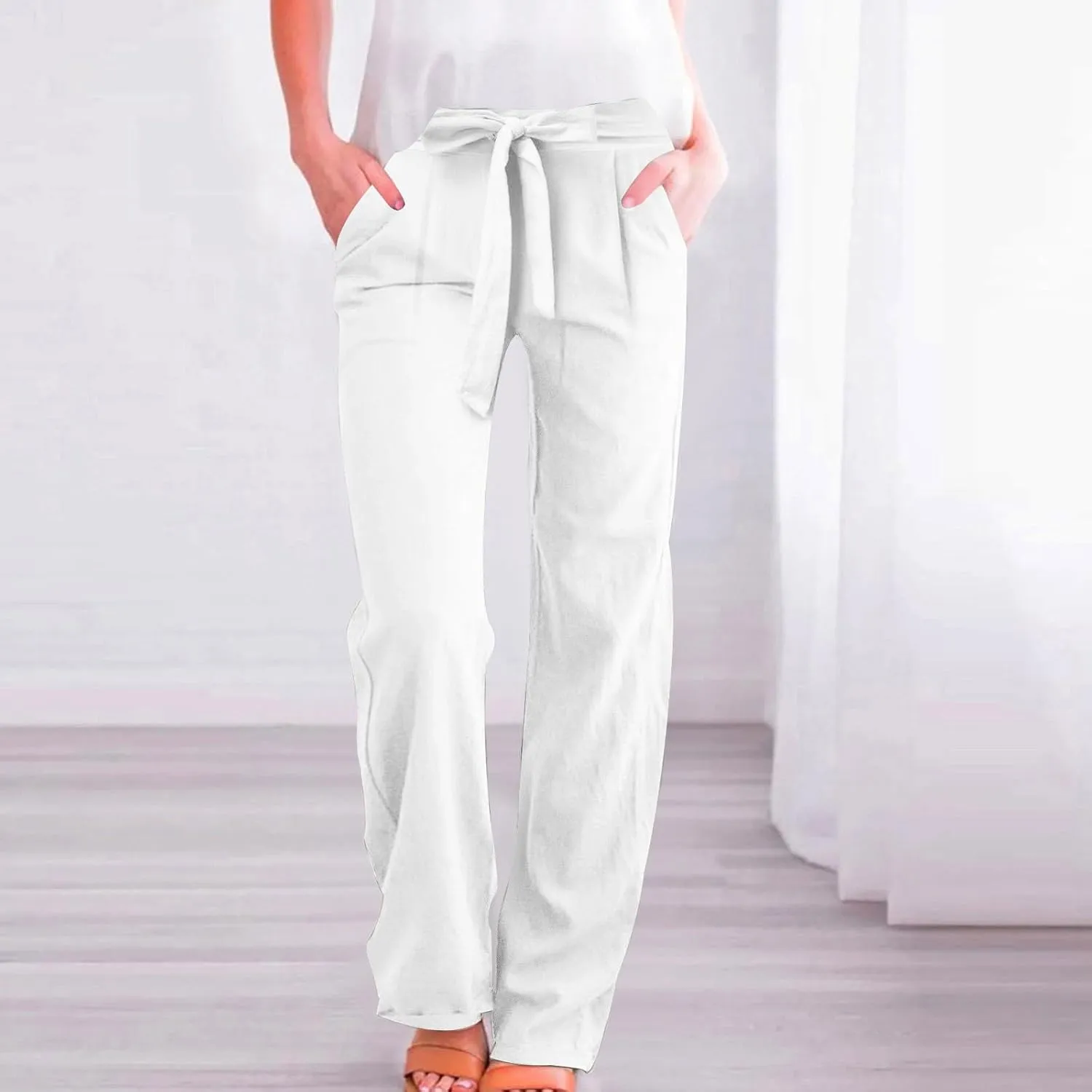 Womens Linen Cotton Pants Casual Straight Leg Work Pants with Pockets 2025 Summer Trendy Dressy Pants Tie Front Pants