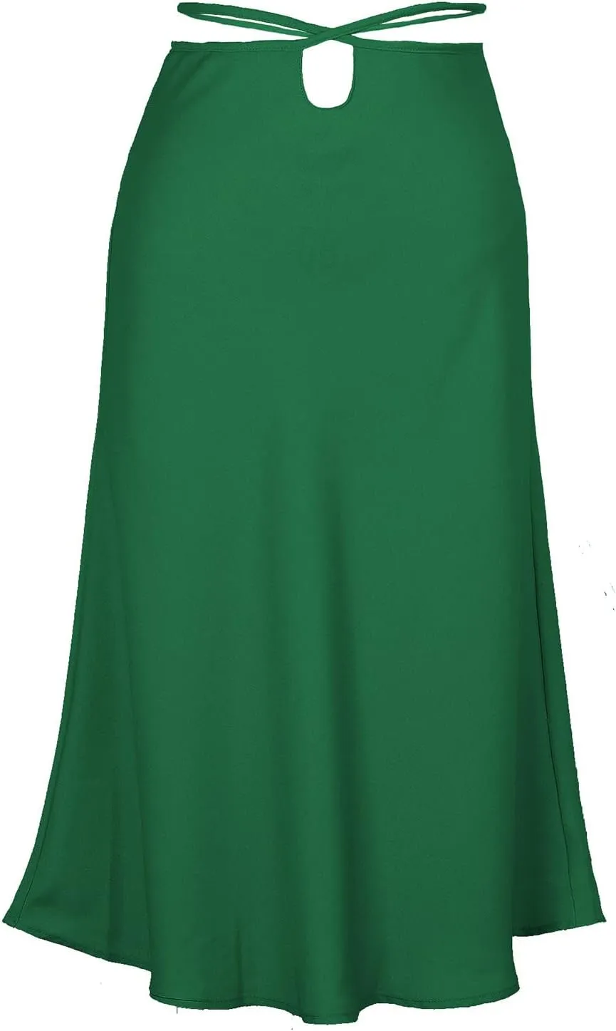 Womens Skirts Midi Length Sexy Lace up Navel Zipper Skirt Hip-Wrapped A-Line Swing Skirts Solid Color Silk Skirt