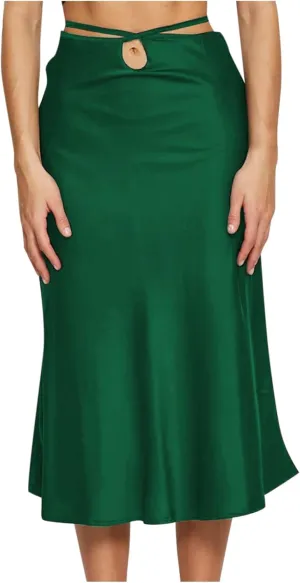 Womens Skirts Midi Length Sexy Lace up Navel Zipper Skirt Hip-Wrapped A-Line Swing Skirts Solid Color Silk Skirt