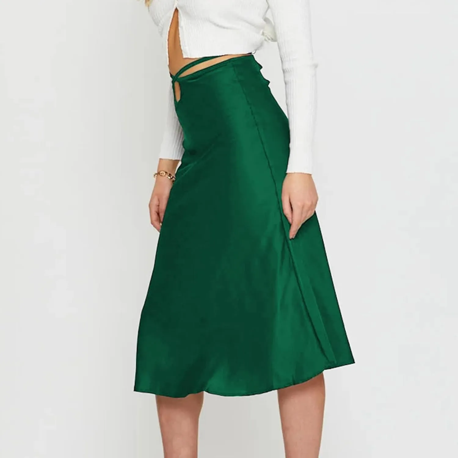 Womens Skirts Midi Length Sexy Lace up Navel Zipper Skirt Hip-Wrapped A-Line Swing Skirts Solid Color Silk Skirt