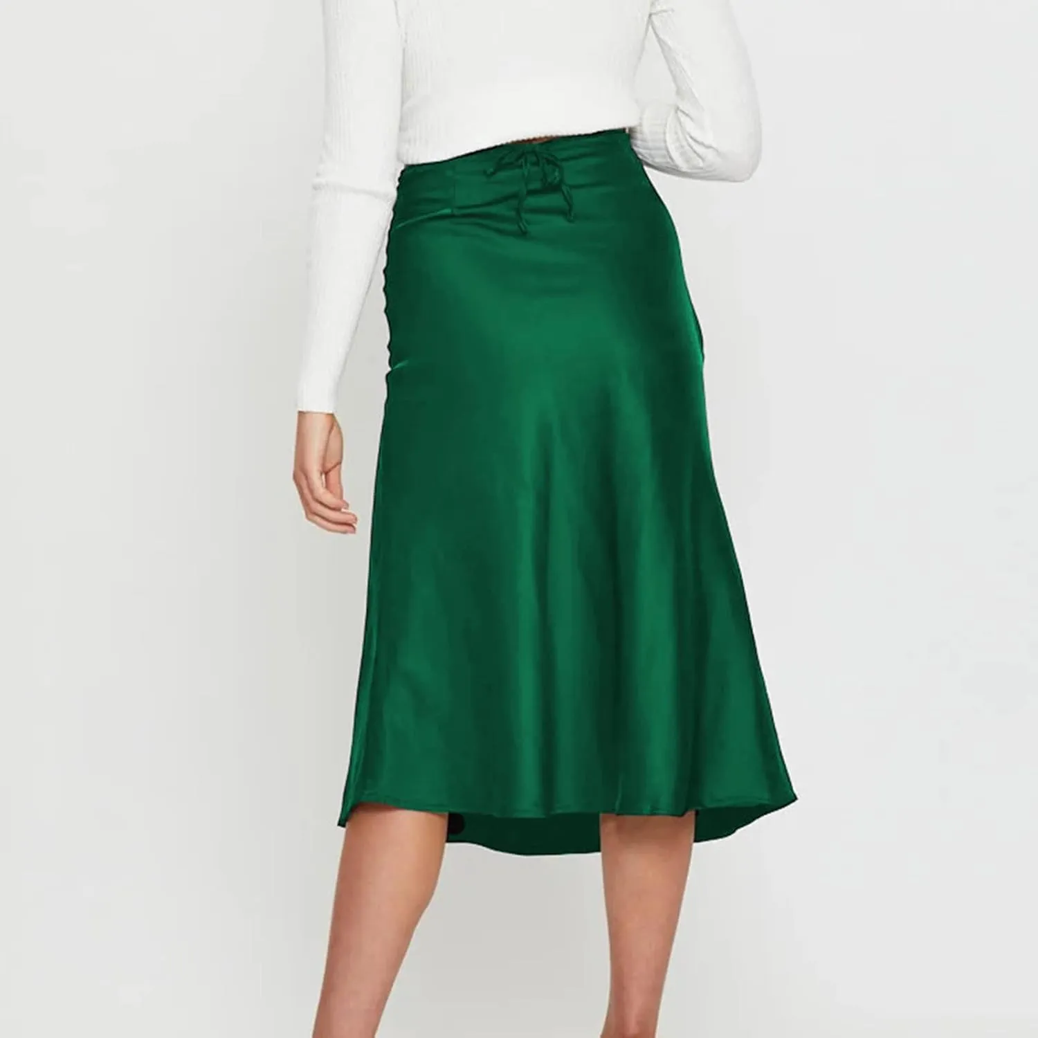Womens Skirts Midi Length Sexy Lace up Navel Zipper Skirt Hip-Wrapped A-Line Swing Skirts Solid Color Silk Skirt