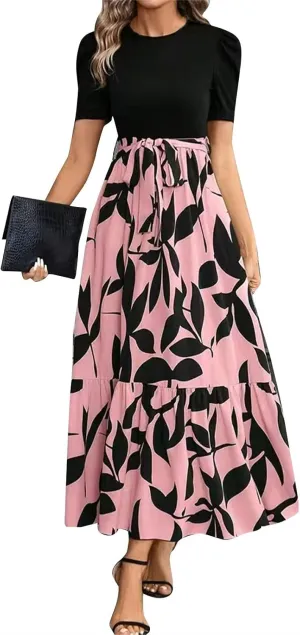 Women's Summer Casual Trendy Dress Short Sleeve Round Neck High Waist Elegant Floral Print Maxi Dresses, S-2XL