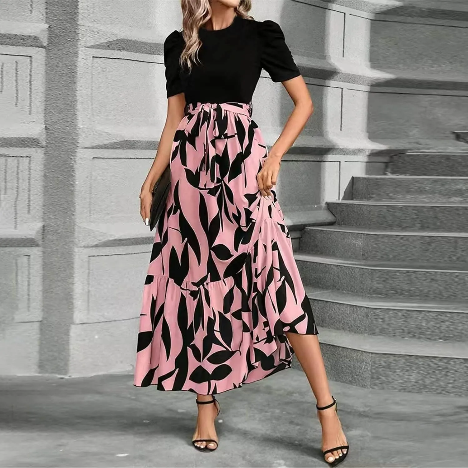 Women's Summer Casual Trendy Dress Short Sleeve Round Neck High Waist Elegant Floral Print Maxi Dresses, S-2XL