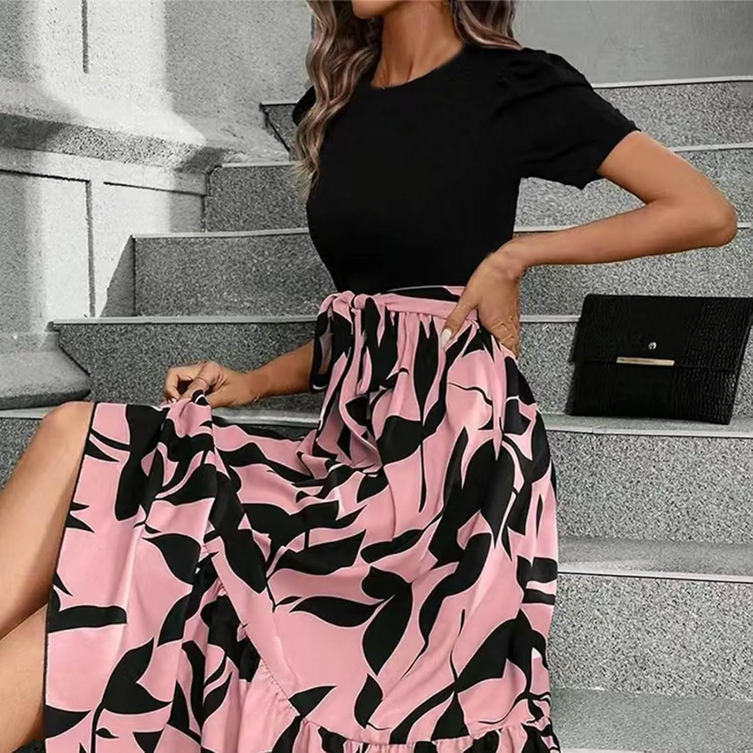 Women's Summer Casual Trendy Dress Short Sleeve Round Neck High Waist Elegant Floral Print Maxi Dresses, S-2XL