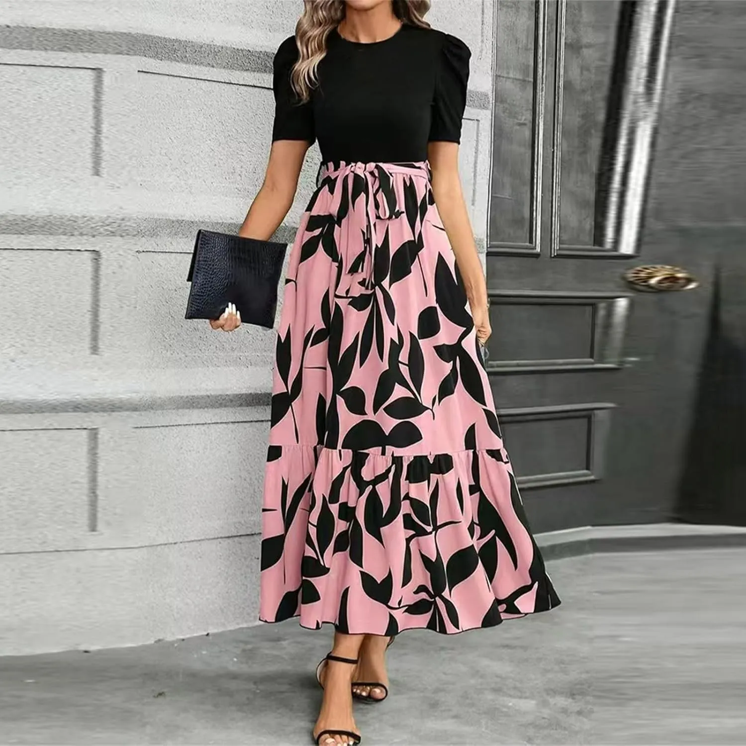 Women's Summer Casual Trendy Dress Short Sleeve Round Neck High Waist Elegant Floral Print Maxi Dresses, S-2XL