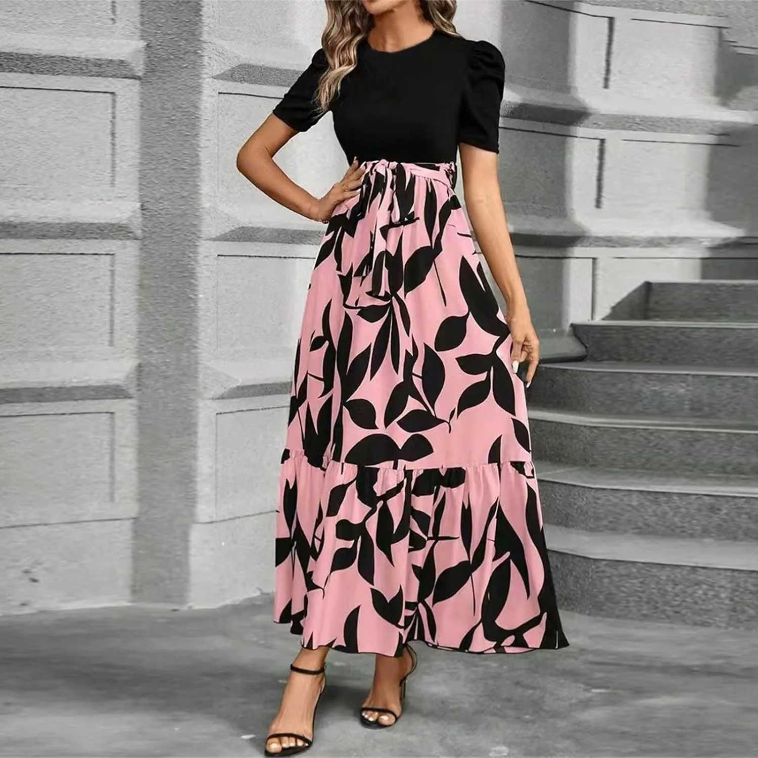 Women's Summer Casual Trendy Dress Short Sleeve Round Neck High Waist Elegant Floral Print Maxi Dresses, S-2XL