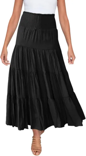 Women's Summer Elastic High Waist Maxi Skirt Casual Boho Floral Pleated Long Skirt Flowy A Line Skirts