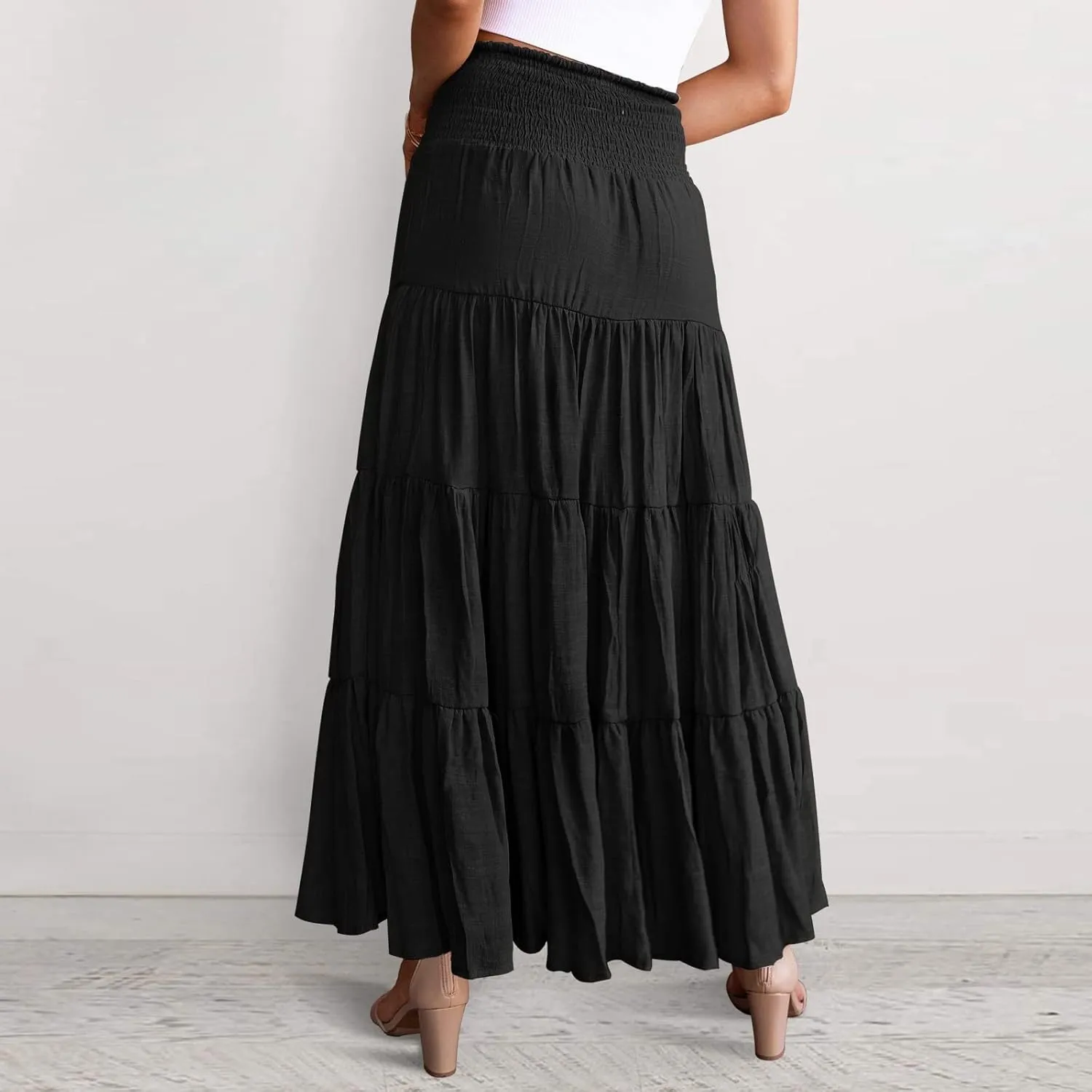 Women's Summer Elastic High Waist Maxi Skirt Casual Boho Floral Pleated Long Skirt Flowy A Line Skirts