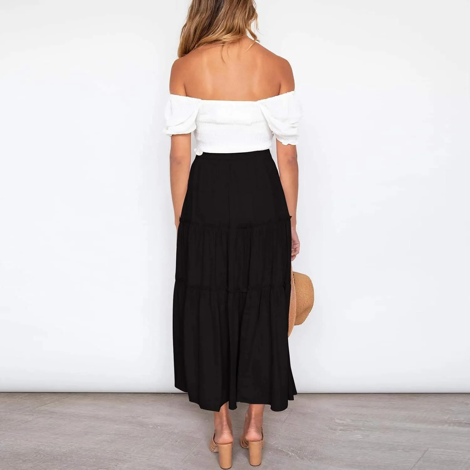 Women's Summer Elastic High Waist Maxi Skirt Casual Boho Floral Pleated Long Skirt Flowy A Line Skirts