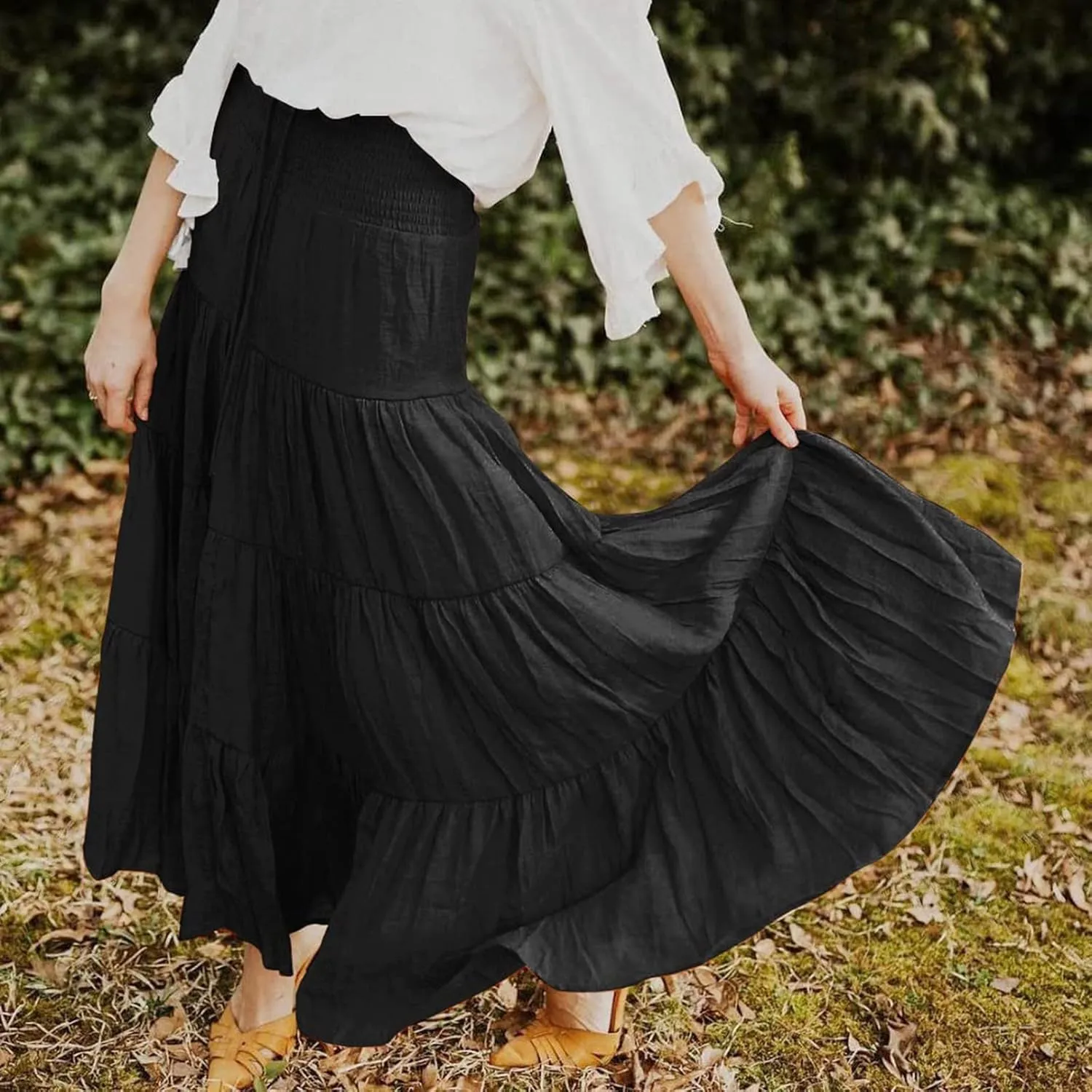 Women's Summer Elastic High Waist Maxi Skirt Casual Boho Floral Pleated Long Skirt Flowy A Line Skirts