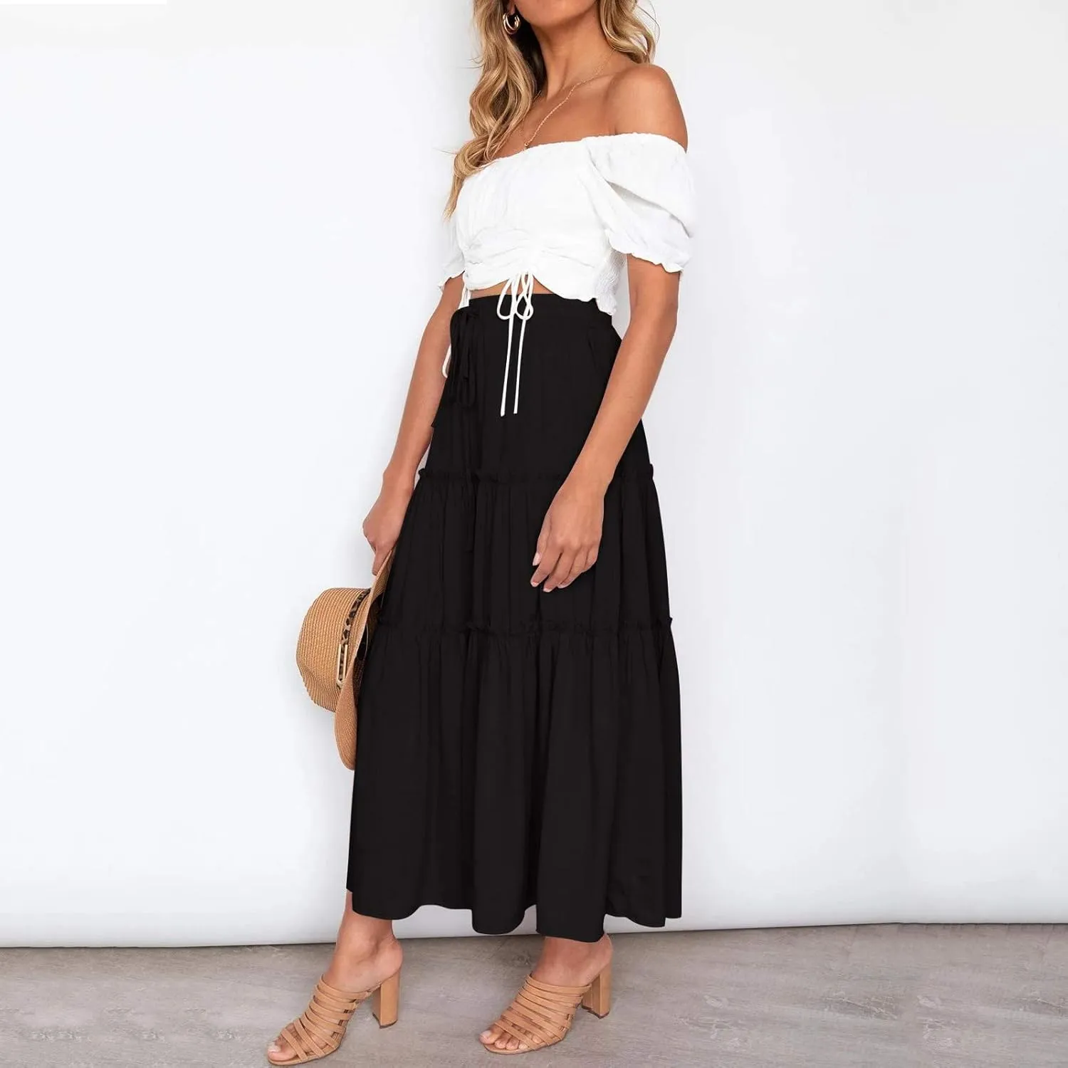 Women's Summer Elastic High Waist Maxi Skirt Casual Boho Floral Pleated Long Skirt Flowy A Line Skirts