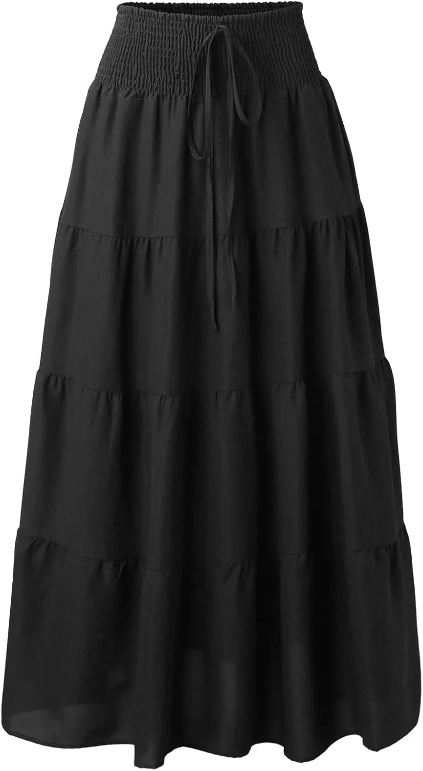 Women's Summer Elastic High Waist Maxi Skirt Casual Boho Floral Pleated Long Skirt Flowy A Line Skirts