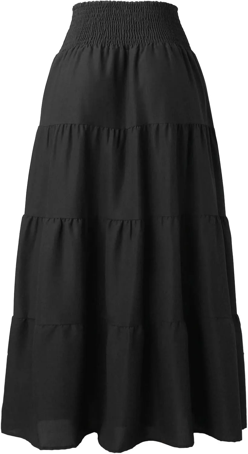Women's Summer Elastic High Waist Maxi Skirt Casual Boho Floral Pleated Long Skirt Flowy A Line Skirts