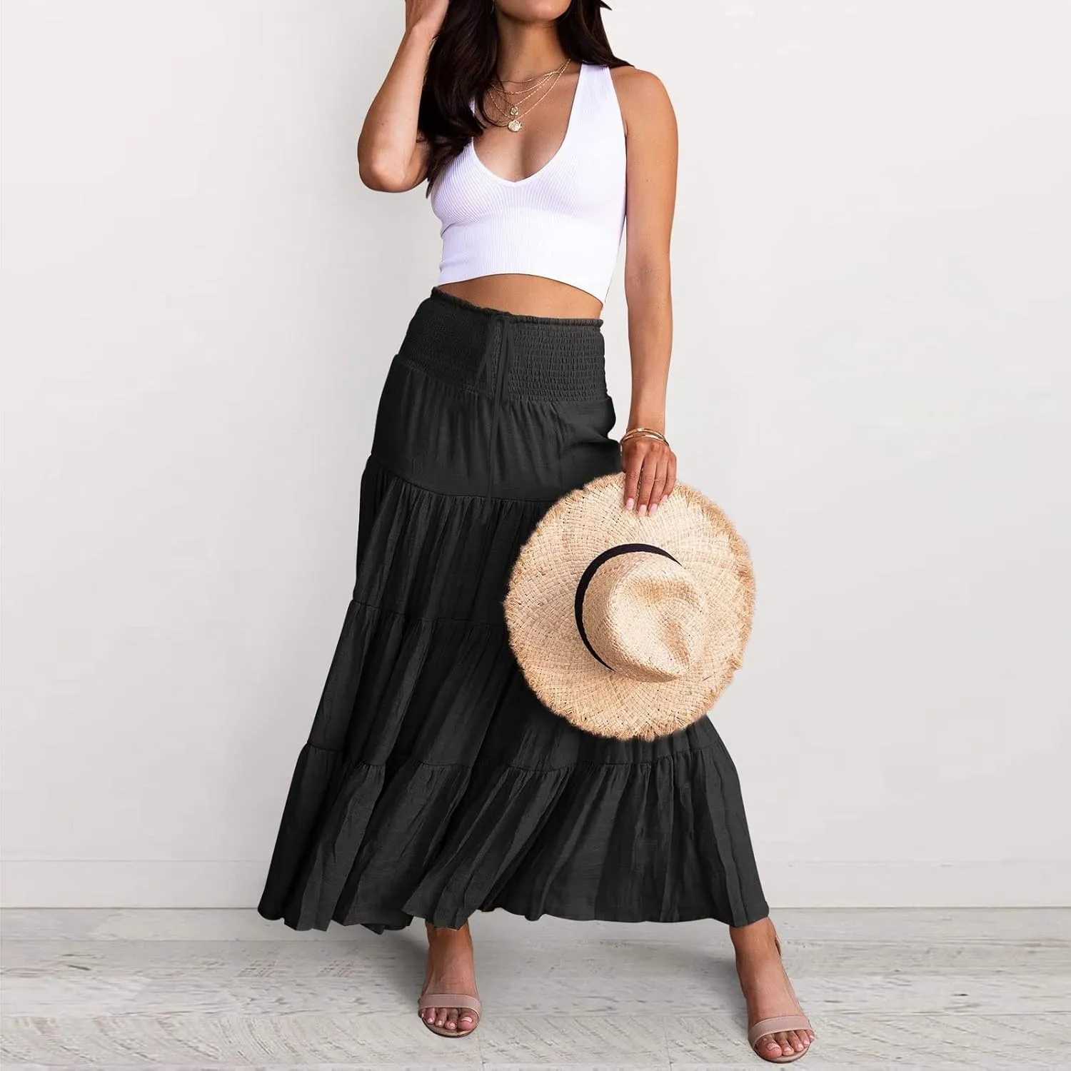 Women's Summer Elastic High Waist Maxi Skirt Casual Boho Floral Pleated Long Skirt Flowy A Line Skirts