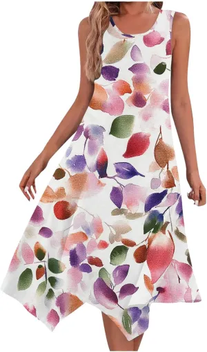 Women's Summer Tank Midi Dresses Floral Printed Sleeveless A-Line Dress Casual T-Shirt Dress Flowy Beach Sundress