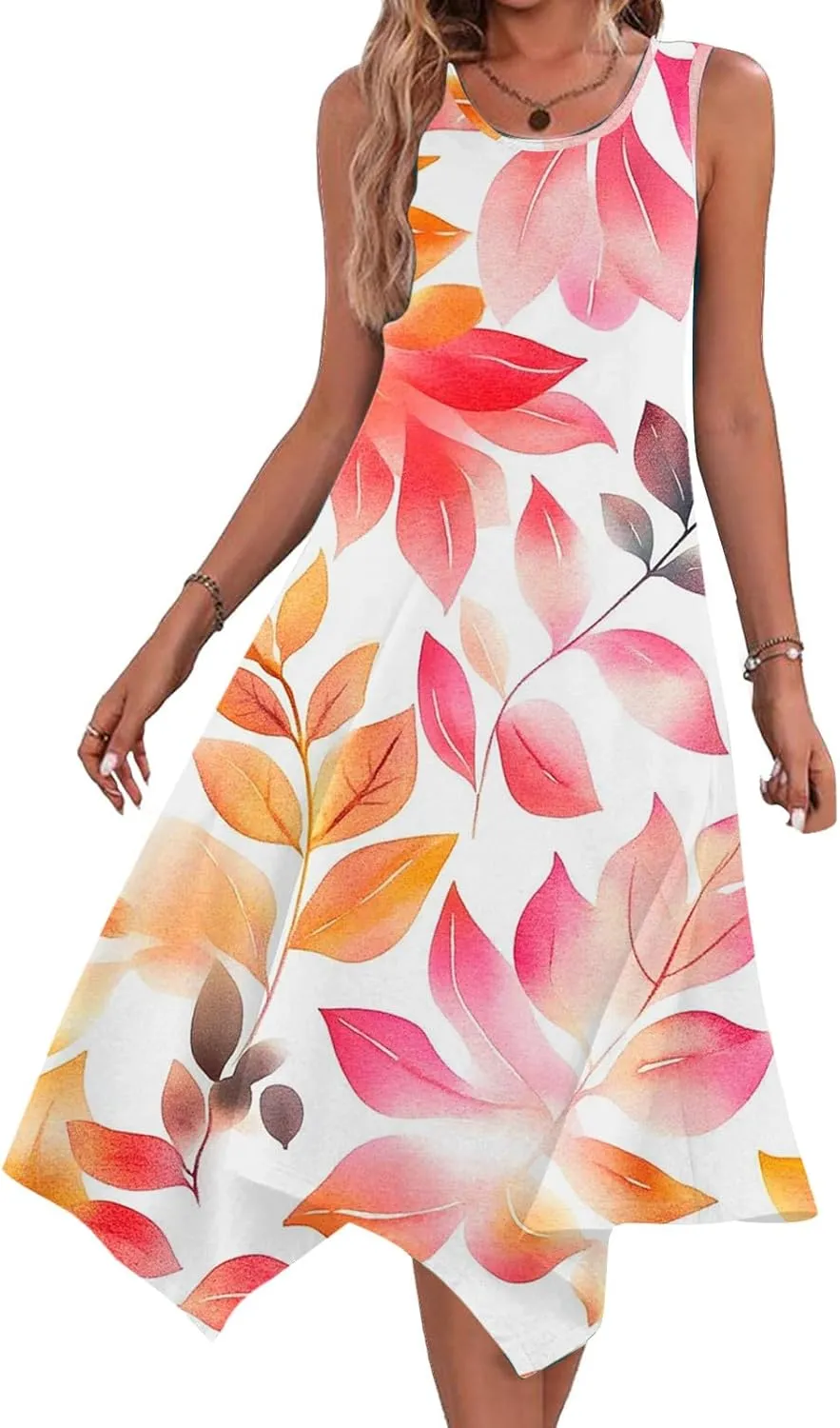 Women's Summer Tank Midi Dresses Floral Printed Sleeveless A-Line Dress Casual T-Shirt Dress Flowy Beach Sundress