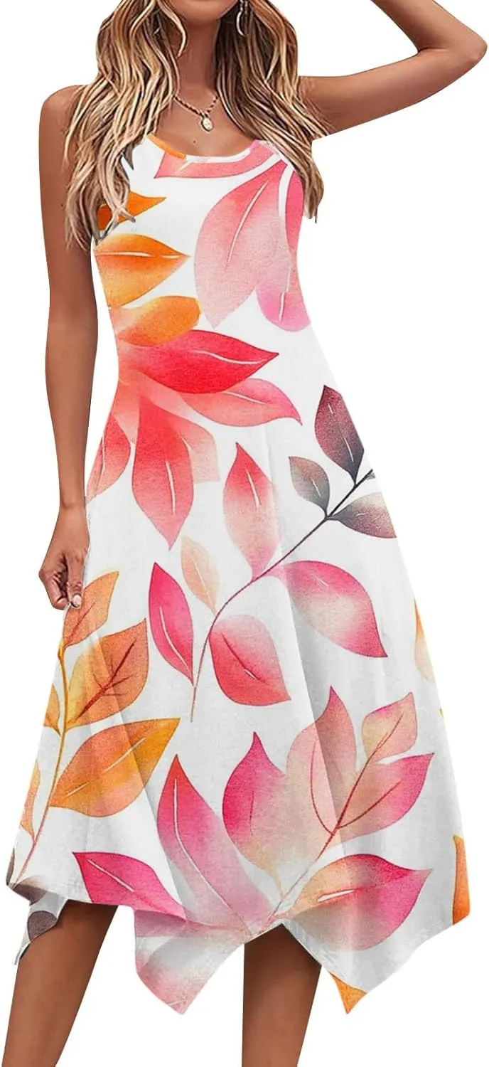 Women's Summer Tank Midi Dresses Floral Printed Sleeveless A-Line Dress Casual T-Shirt Dress Flowy Beach Sundress