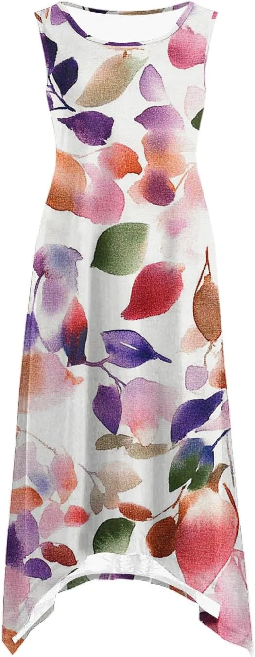 Women's Summer Tank Midi Dresses Floral Printed Sleeveless A-Line Dress Casual T-Shirt Dress Flowy Beach Sundress