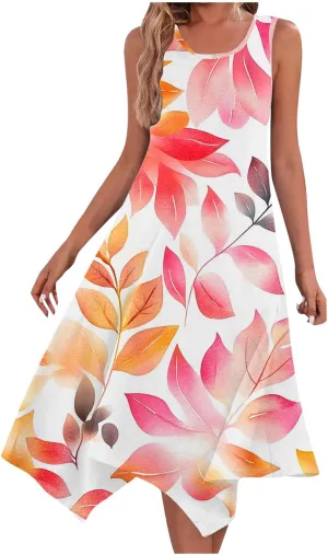 Women's Summer Tank Midi Dresses Floral Printed Sleeveless A-Line Dress Casual T-Shirt Dress Flowy Beach Sundress