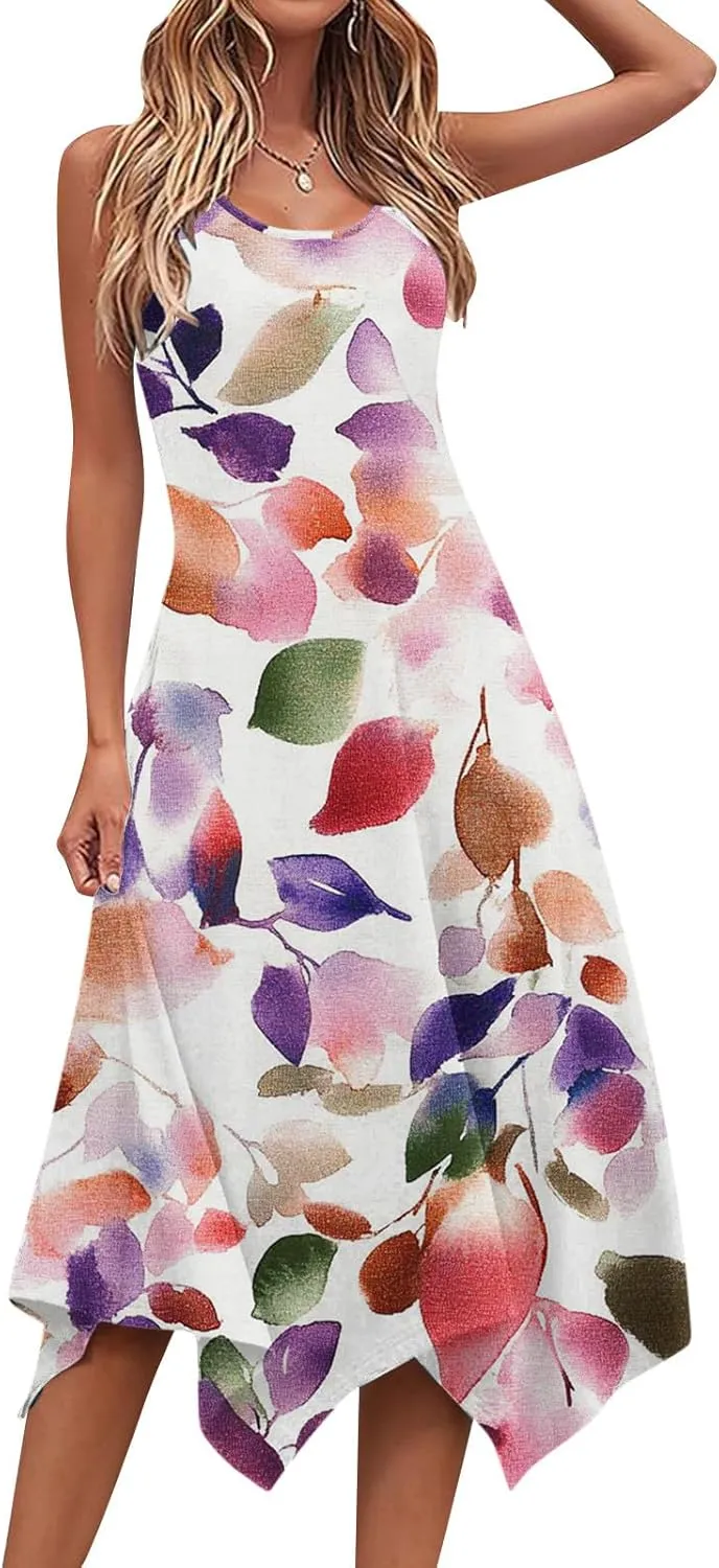 Women's Summer Tank Midi Dresses Floral Printed Sleeveless A-Line Dress Casual T-Shirt Dress Flowy Beach Sundress