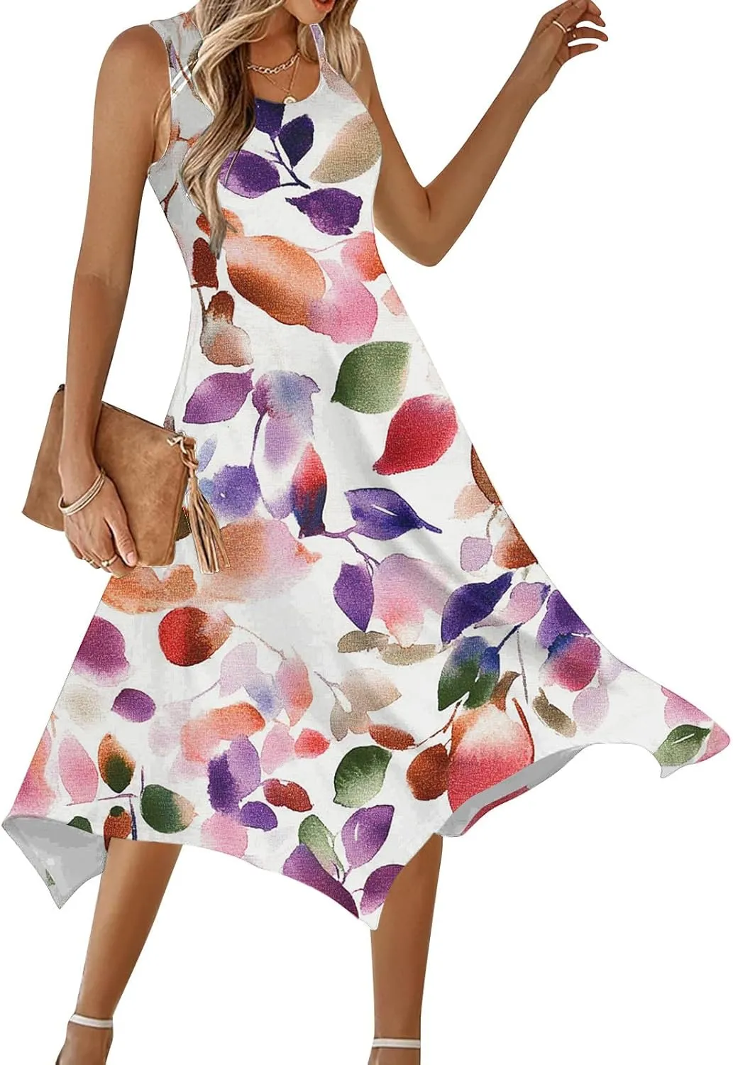 Women's Summer Tank Midi Dresses Floral Printed Sleeveless A-Line Dress Casual T-Shirt Dress Flowy Beach Sundress