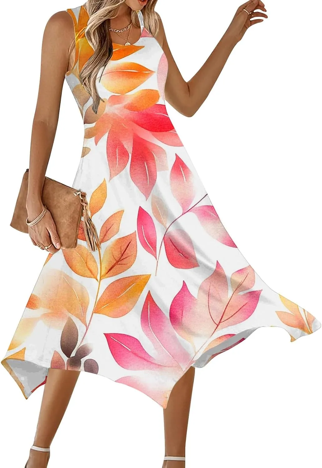 Women's Summer Tank Midi Dresses Floral Printed Sleeveless A-Line Dress Casual T-Shirt Dress Flowy Beach Sundress