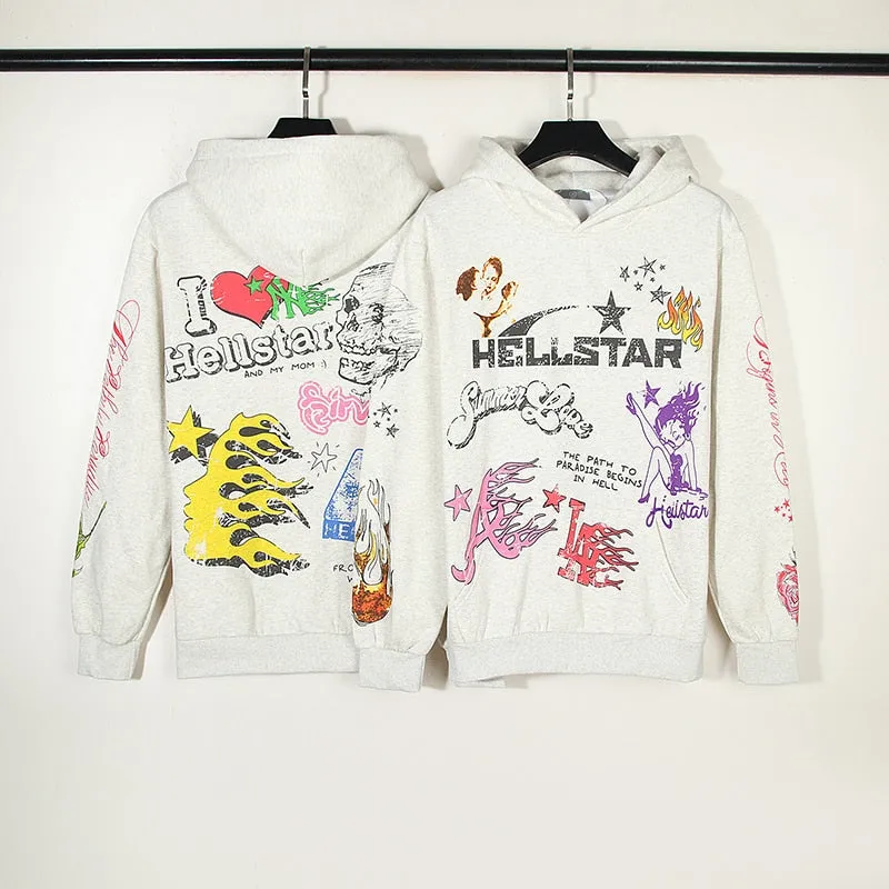 xiangtuibao High Street Skull Letter Graffiti Fleece Winter Men's and Women's Hooded Hoodies Vintage Oversized Casual Pullover Sweatshirts