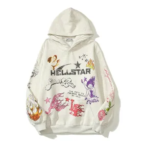xiangtuibao High Street Skull Letter Graffiti Fleece Winter Men's and Women's Hooded Hoodies Vintage Oversized Casual Pullover Sweatshirts